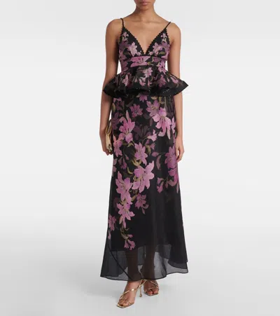 Zimmermann Dawning Bead-embellished Floral-print Linen And Silk-blend Peplum Maxi Dress In Black