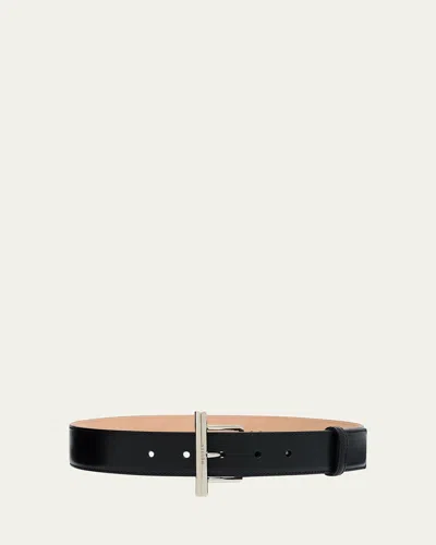 Alexander Mcqueen Silvertone Cross-bar Leather Wide Sling Belt In Black