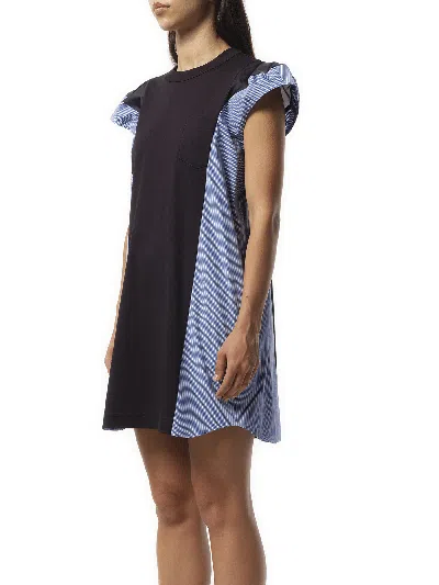 Sacai Women's Poplin Cotton Jersey Dress In Navy\u00d7blue Stripe