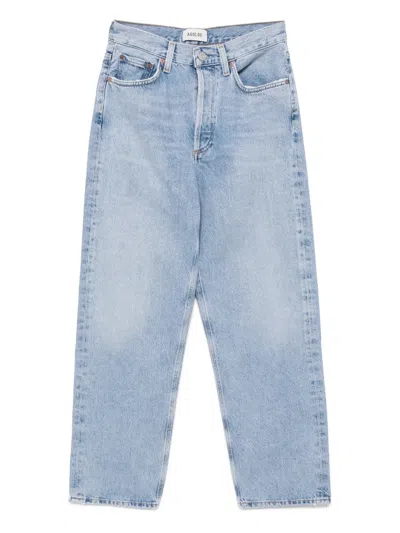 Agolde High Waist Frayed Hem Jeans In Blue