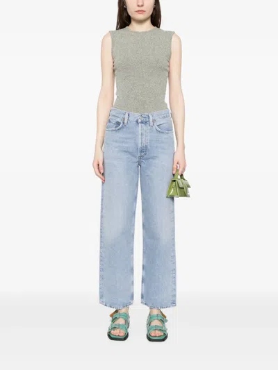 Agolde High Waist Frayed Hem Jeans In Blue