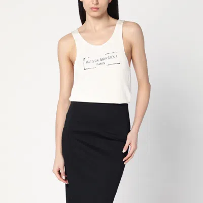 Maison Margiela Beige Top With Wide Neckline And Logo Printed On The Front In Viscose And Cotton Blend Woman In White