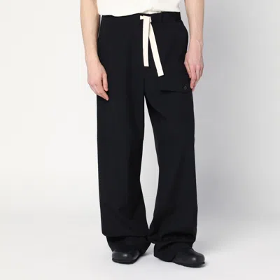 Dries Van Noten Wide Leg Wool Pant With Elastic Waistband In Black