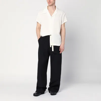 Dries Van Noten Wide Leg Wool Pant With Elastic Waistband In Black