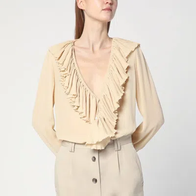Saint Laurent Beige Blouse With V Neck And Ruffles On Front And Rear In Silk Woman In Brown