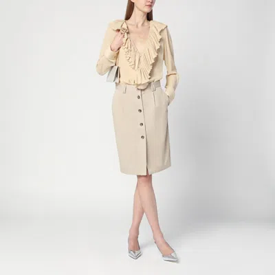 Saint Laurent Beige Blouse With V Neck And Ruffles On Front And Rear In Silk Woman In Brown