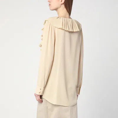 Saint Laurent Beige Blouse With V Neck And Ruffles On Front And Rear In Silk Woman In Brown