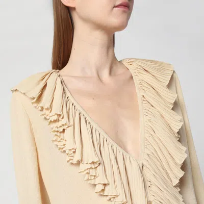 Saint Laurent Beige Blouse With V Neck And Ruffles On Front And Rear In Silk Woman In Brown