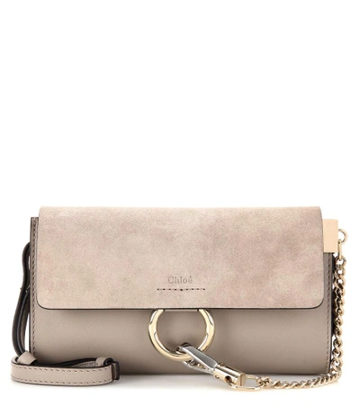 Chloé Faye Suede/leather Wallet-on-a-strap In Grey