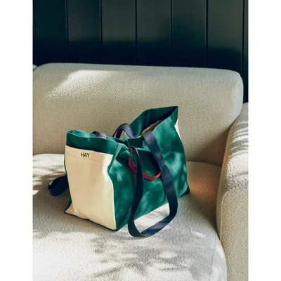 Hay Womens Small Weekend Colour-block Cotton-canvas Tote Bag Dark Green Multi In Dark Green Multi