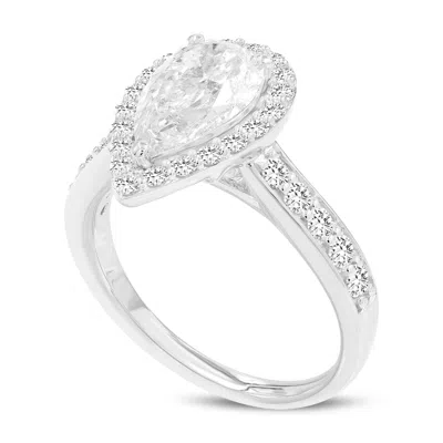Luvmyjewelry Yasmin 14k White Gold Pear Lab Grown Diamond Halo Engagement Ring In Silver