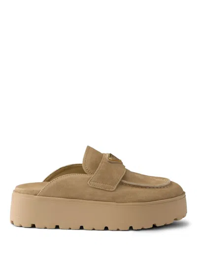 Prada Suede Flatform Mules In Nude