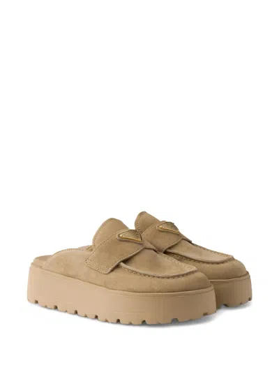 Prada Suede Flatform Mules In Nude