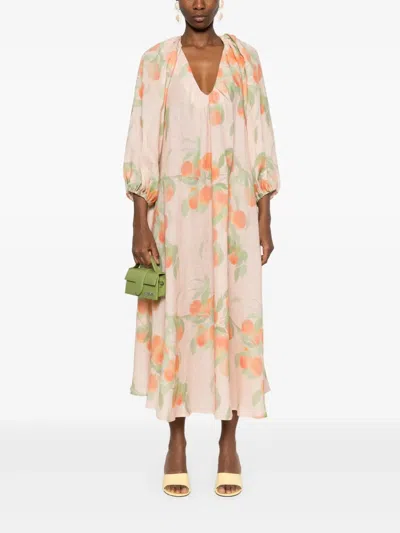 Bernadette Georgette Printed Linen Midi Dress In Orange