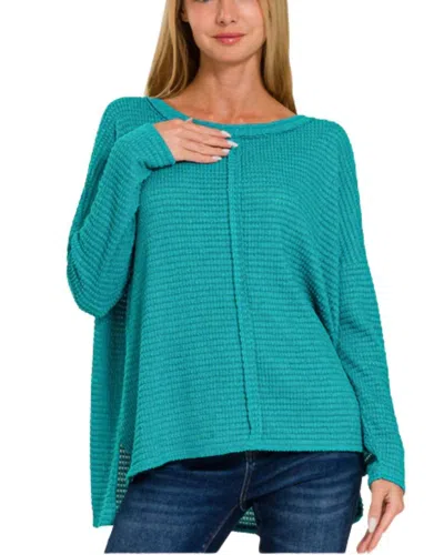 Zenana Center Seam Waffle Knit Top In Teal In Blue