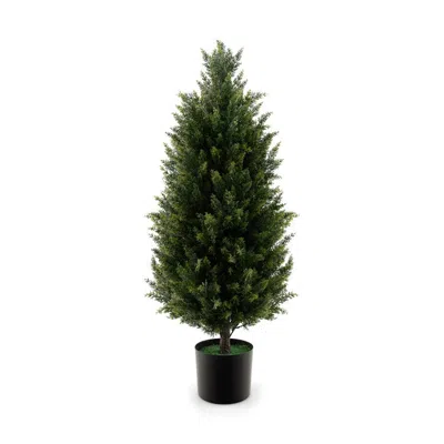 Hivvago 3 Feet Artificial Topiary Cedar Tree With Cement Plastic Pot And Realistic Moss-green