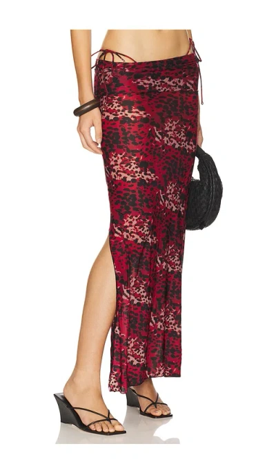 Indah Mickey Printed Maxi With Side Splits & Foldover Waist Panel Skirt In Red