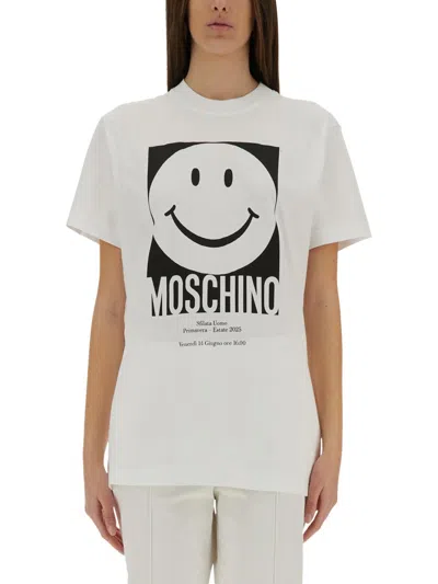 Moschino Crew Neck Smiley Print Graphic T-shirt Straight Hem