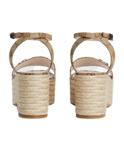 Gucci Lady Horsebit Gg Canvas Espadrille Wedges In Beige