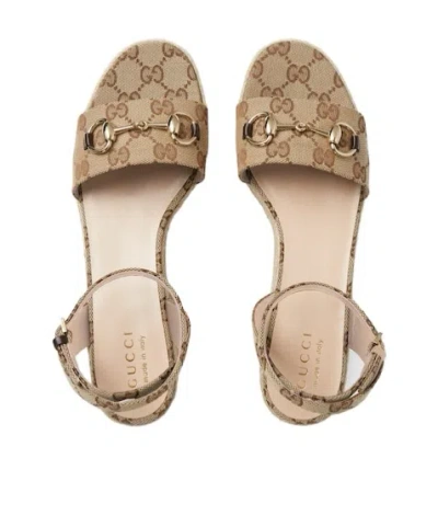 Gucci Lady Horsebit Gg Canvas Espadrille Wedges In Beige