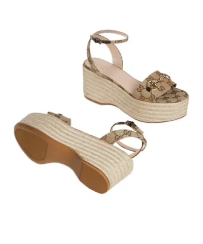 Gucci Lady Horsebit Gg Canvas Espadrille Wedges In Beige