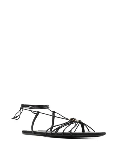 Saint Laurent Black Sandals With Cassandre Logo And Laces Around The Ankle In Leather Woman
