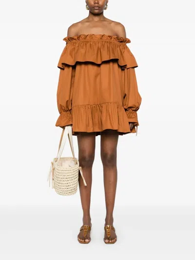Saint Laurent Brown Ruffle Dress With Bare Shoulders In Cotton Twill Woman