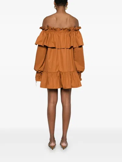 Saint Laurent Brown Ruffle Dress With Bare Shoulders In Cotton Twill Woman