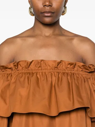 Saint Laurent Brown Ruffle Dress With Bare Shoulders In Cotton Twill Woman
