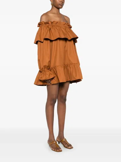 Saint Laurent Brown Ruffle Dress With Bare Shoulders In Cotton Twill Woman