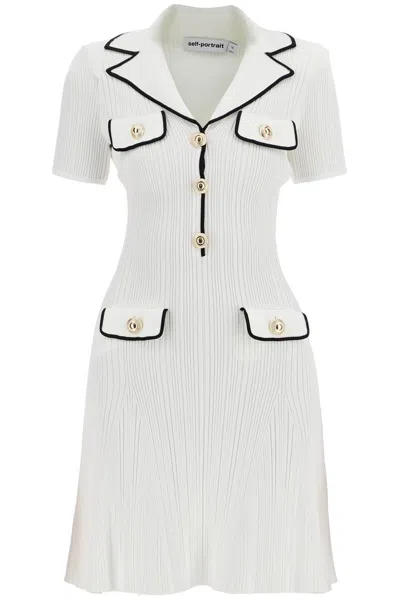 Self-portrait White Mini Dress With Notched Collar And Contrasting Trim In Viscose Blend Stretch Woman