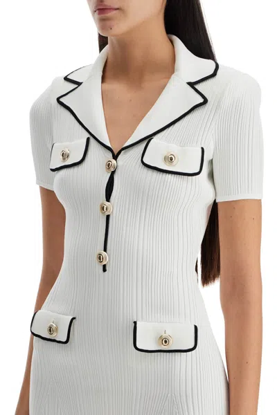 Self-portrait White Mini Dress With Notched Collar And Contrasting Trim In Viscose Blend Stretch Woman
