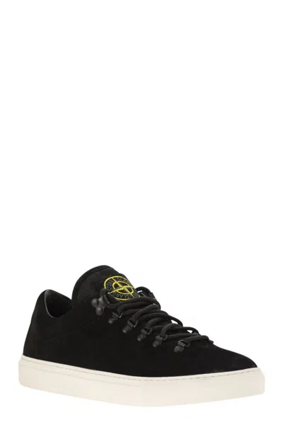 Stone Island Black Low Top Sneakers With Logo Patch On The Tongue In Suede Man