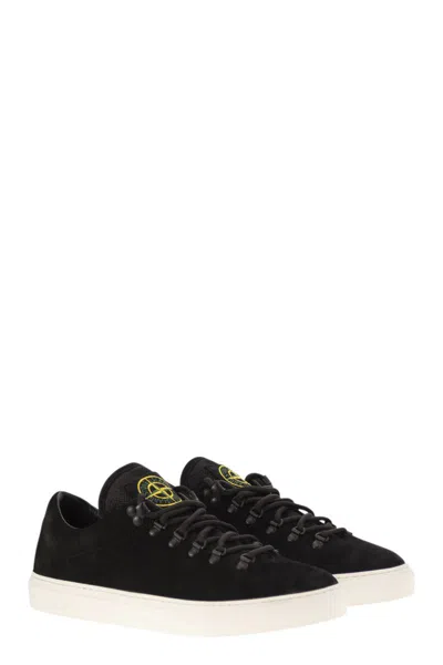 Stone Island Black Low Top Sneakers With Logo Patch On The Tongue In Suede Man