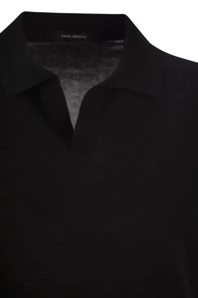 Tagliatore Black Knitted Polo Shirt With Polo Style Collar And Short Sleeves