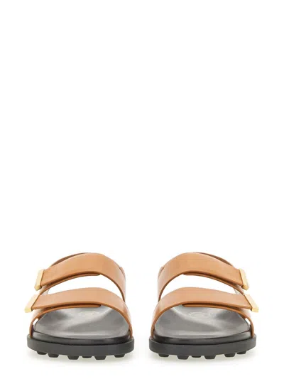 Tod's Calfskin Sandals With Wide Straps In Brown