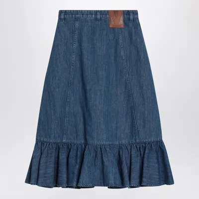 Valentino Womens Front-button Tiered Cotton-linen Blend Midi Skirt Medium Blue Denim
