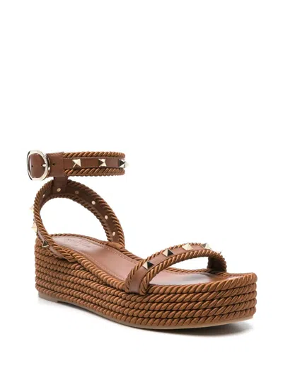Valentino Studded Leather Cork Wedge Sandals