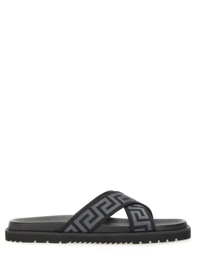 Versace Greca Jacquard Flat Slides In Black
