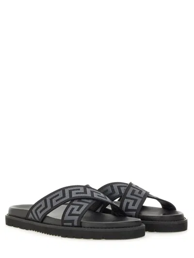 Versace Greca Jacquard Flat Slides In Black