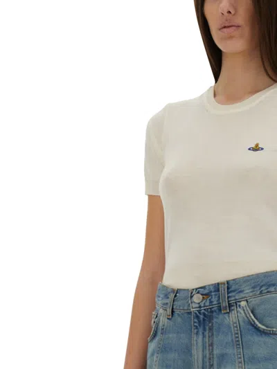 Vivienne Westwood 'bea' Cream White Cropped T-shirt With Orb Embroidery