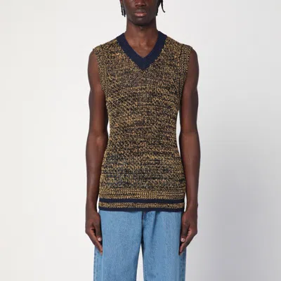 Wales Bonner Navy Blue/yellow Textured Vest In A Cotton Blend