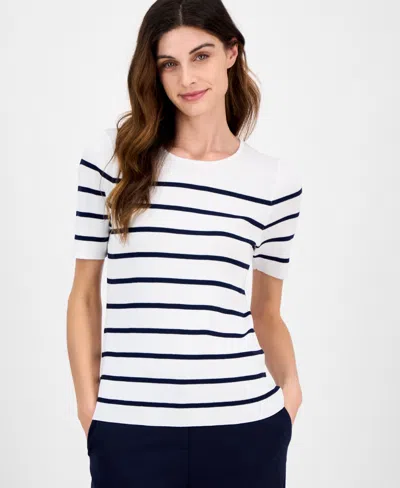 Tahari Asl Stripe Short Sleeve Sweater In White