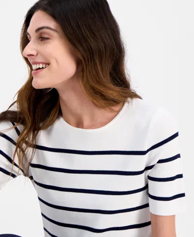 Tahari Asl Stripe Short Sleeve Sweater In White