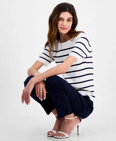Tahari Asl Stripe Short Sleeve Sweater In White