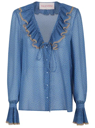 Valentino Polka-dots Silk Shirt With Lace Profile In Blue