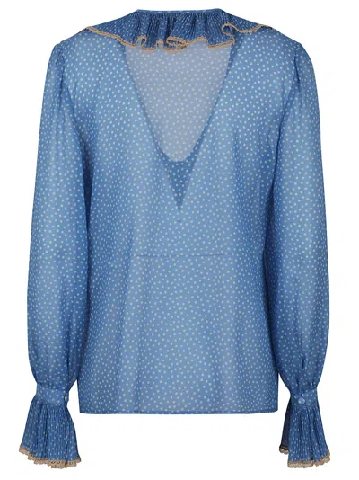 Valentino Polka-dots Silk Shirt With Lace Profile In Blue