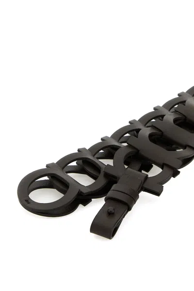 Ferragamo Leather Belt Adjustable Interlocking Design In Black