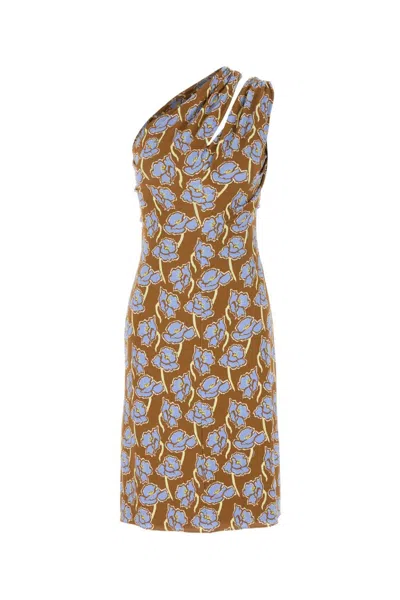 Versace Printed Stretch Crepe One-shoulder Dress In Brown