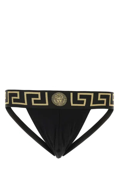 Versace Stretch Cotton Jock Strap With Medusa Greca Logo In Black Gold